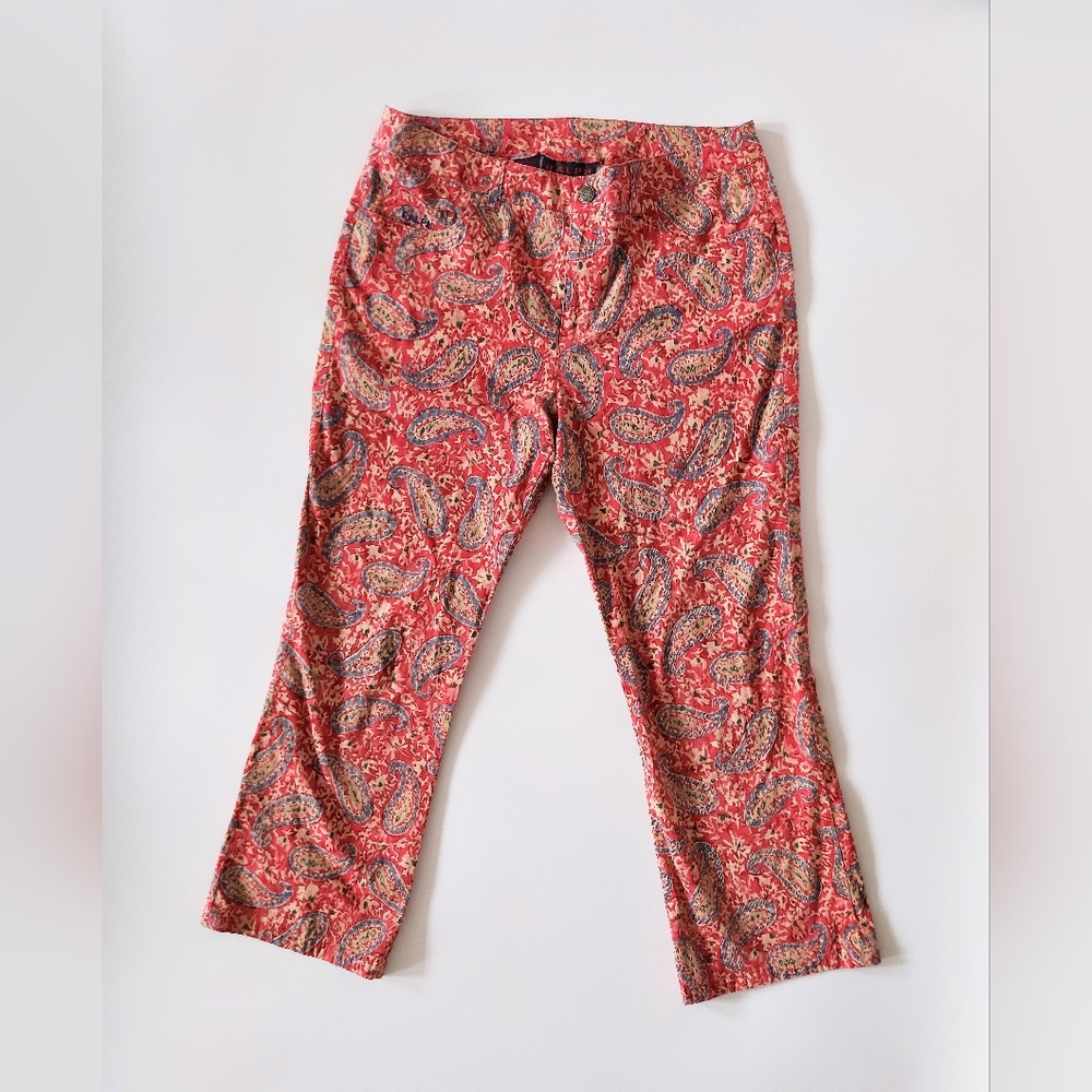 Lauren Ralph Lauren Flat Front Capri Jeans Red Paisley Print Size 8